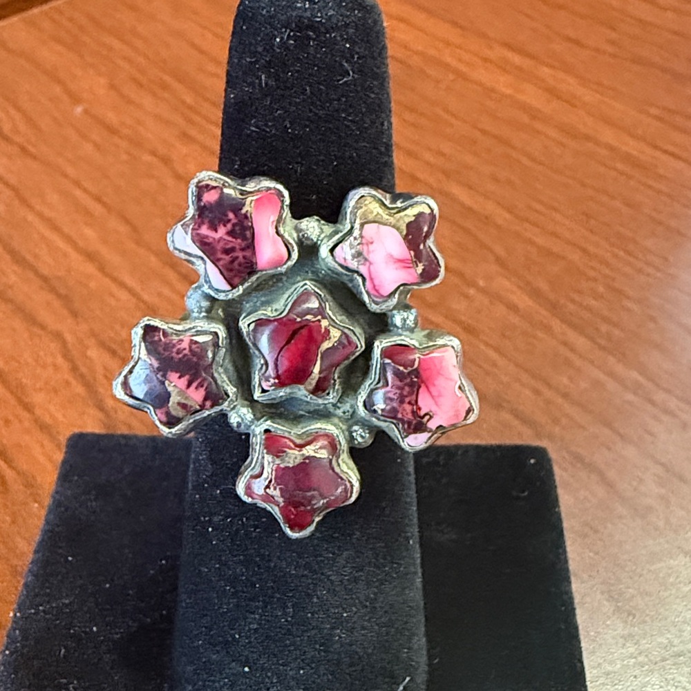 925 Sterling Silver Rose Dahlia Turquoise Cluster Star Flower Ring Size 6.75
